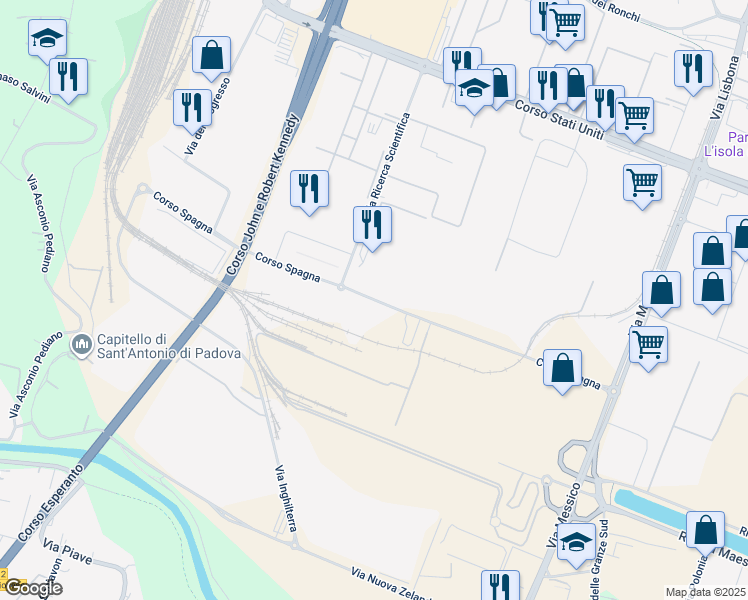 map of restaurants, bars, coffee shops, grocery stores, and more near 17 Corso Spagna in Padova