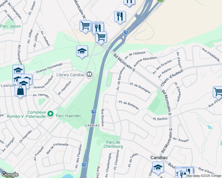 map of restaurants, bars, coffee shops, grocery stores, and more near 34 Avenue Balzac in Candiac