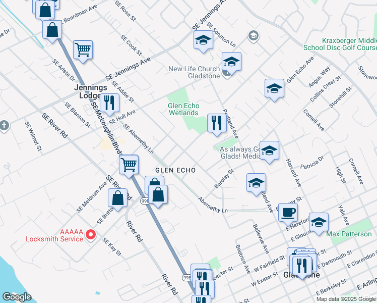 map of restaurants, bars, coffee shops, grocery stores, and more near 18975 Southeast Addie Street in Gladstone
