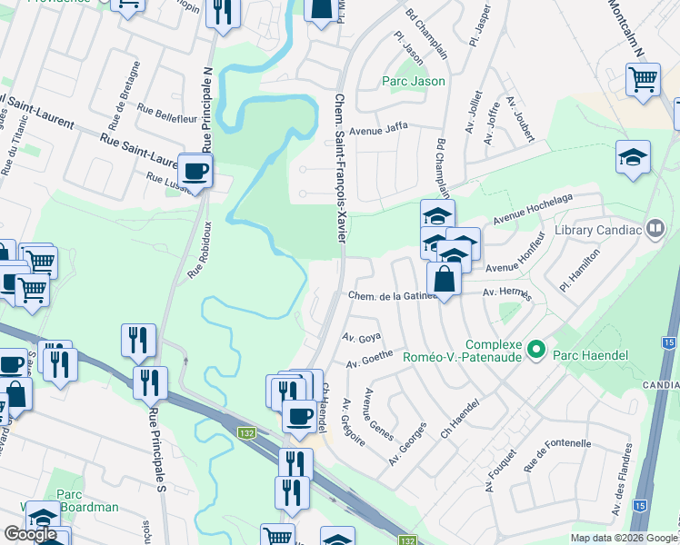 map of restaurants, bars, coffee shops, grocery stores, and more near 64 Chemin Saint-François-Xavier in Candiac