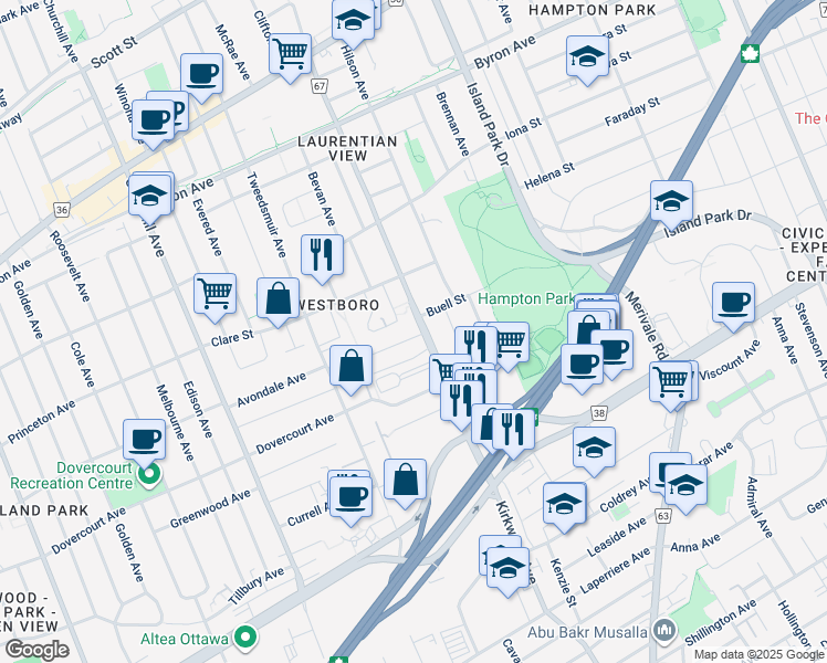 map of restaurants, bars, coffee shops, grocery stores, and more near 183 Macy Boulevard in Ottawa