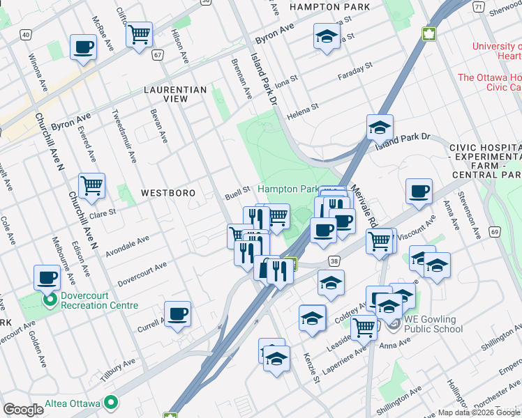 map of restaurants, bars, coffee shops, grocery stores, and more near 611 Parkview Road in Ottawa