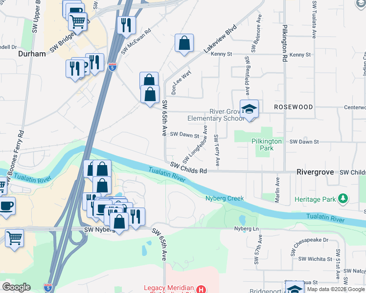 map of restaurants, bars, coffee shops, grocery stores, and more near 6354 Hiawatha Court in Lake Oswego