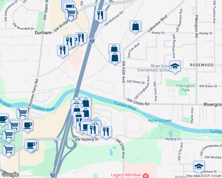 map of restaurants, bars, coffee shops, grocery stores, and more near 6765 Southwest Montauk Circle in Lake Oswego
