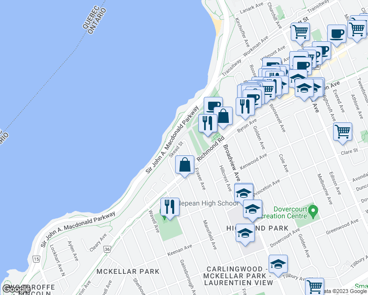 map of restaurants, bars, coffee shops, grocery stores, and more near 420 Fraser Avenue in Ottawa