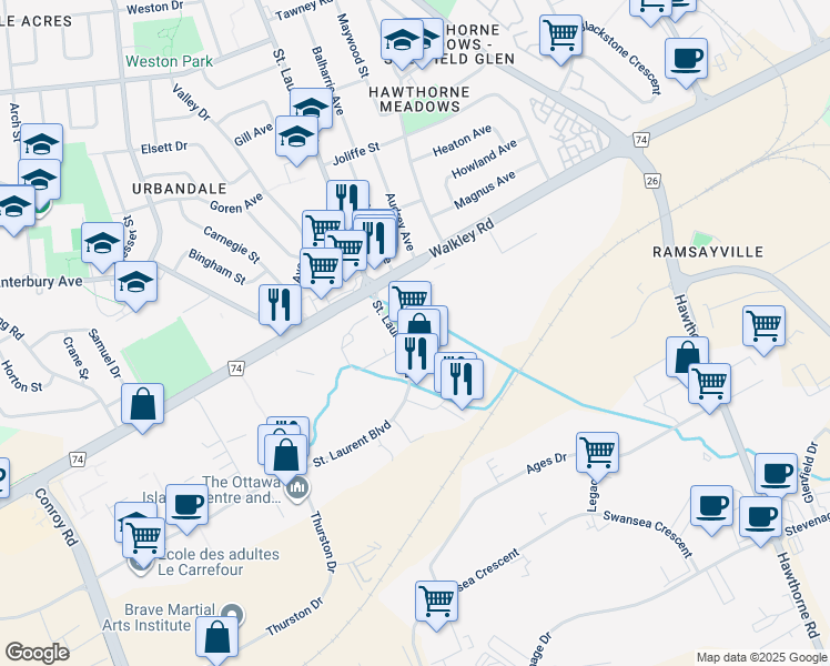 map of restaurants, bars, coffee shops, grocery stores, and more near in Ottawa