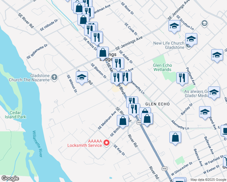 map of restaurants, bars, coffee shops, grocery stores, and more near 18501 Southeast McLoughlin Boulevard in Milwaukie
