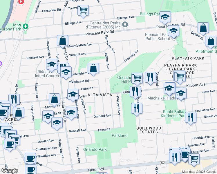 map of restaurants, bars, coffee shops, grocery stores, and more near 2181 Quinn Crescent in Ottawa