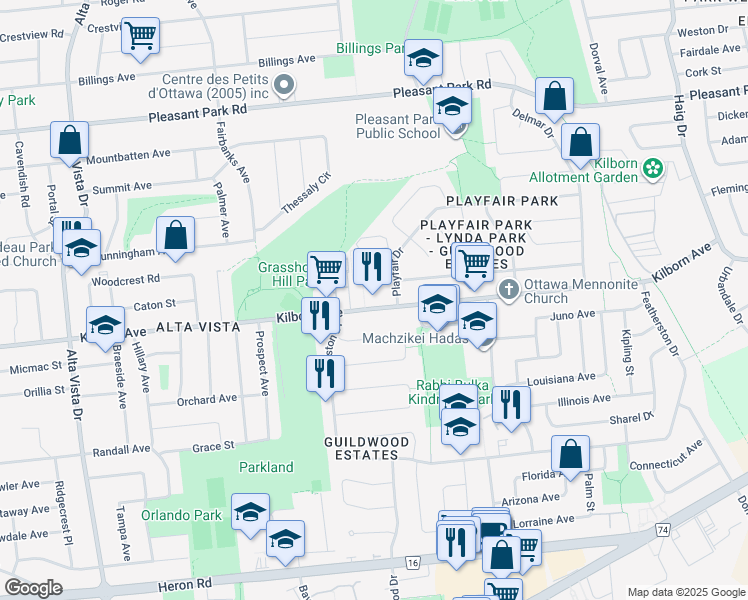 map of restaurants, bars, coffee shops, grocery stores, and more near 1701 Kilborn Avenue in Ottawa