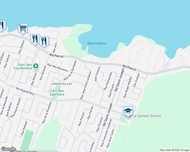 map of restaurants, bars, coffee shops, grocery stores, and more near 28 Rue Pasteur in Notre-Dame-de-l'Île-Perrot