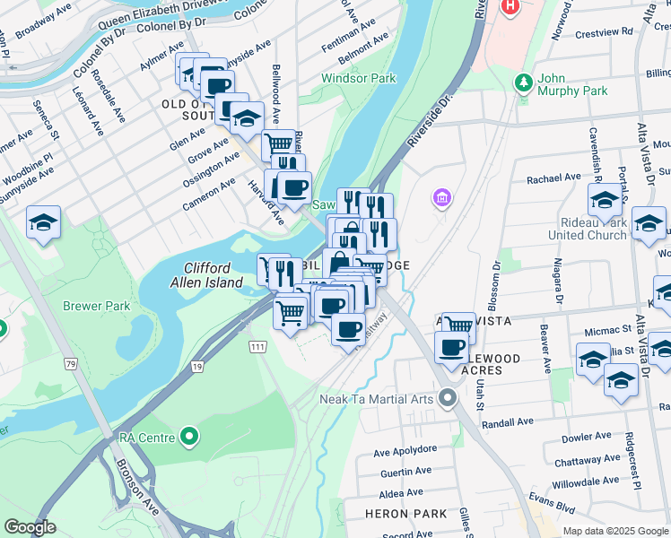 map of restaurants, bars, coffee shops, grocery stores, and more near 2211 Riverside Drive in Ottawa