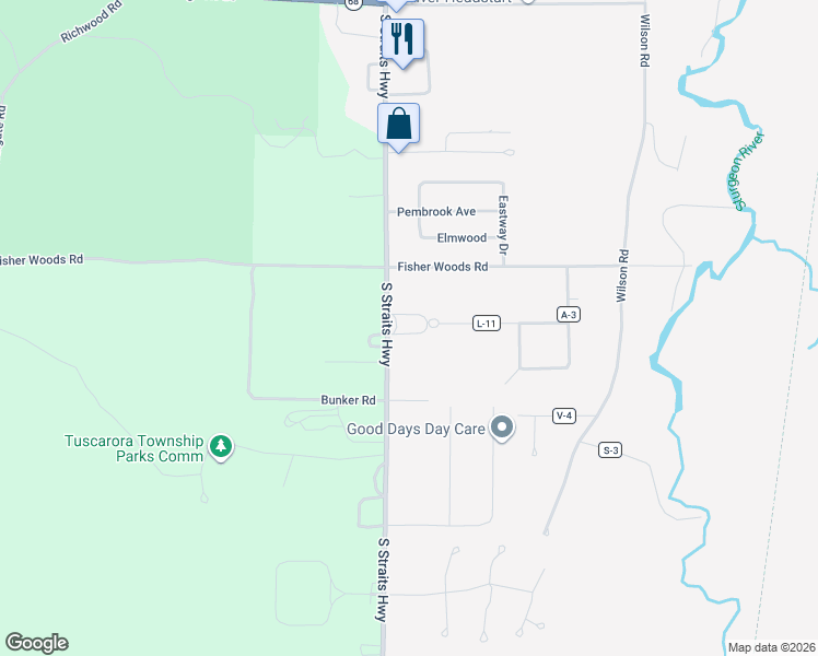 map of restaurants, bars, coffee shops, grocery stores, and more near 5097 South Straits Highway in Indian River