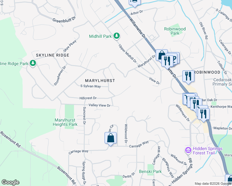 map of restaurants, bars, coffee shops, grocery stores, and more near 2320 Marylhurst Drive in West Linn
