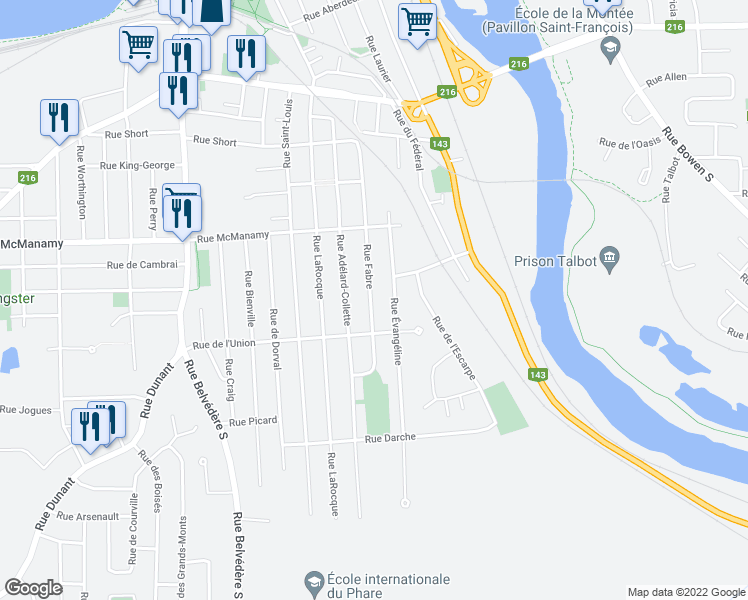 map of restaurants, bars, coffee shops, grocery stores, and more near 1236 Rue Fabre in Sherbrooke