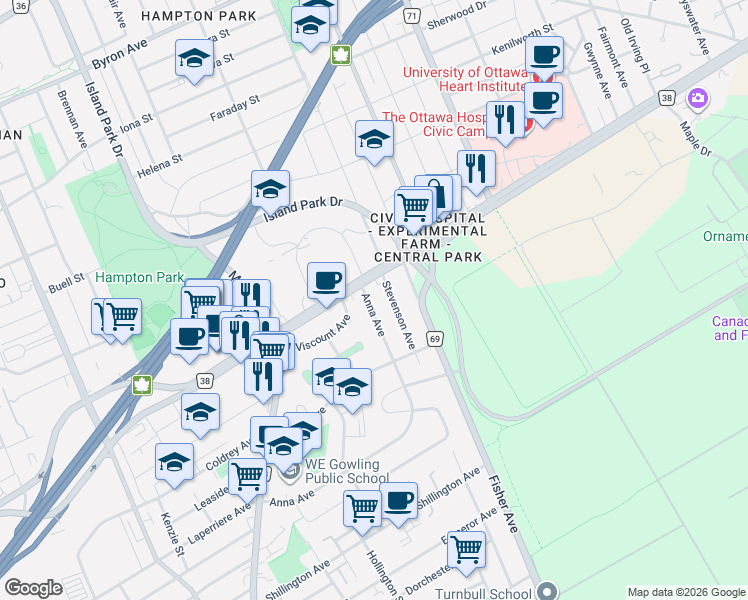 map of restaurants, bars, coffee shops, grocery stores, and more near 17 Anna Avenue in Ottawa