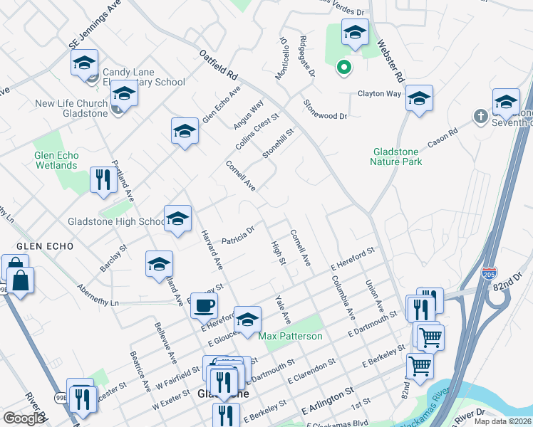 map of restaurants, bars, coffee shops, grocery stores, and more near 1315 High Street in Gladstone