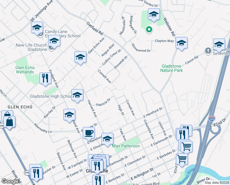 map of restaurants, bars, coffee shops, grocery stores, and more near 1315 High Street in Gladstone