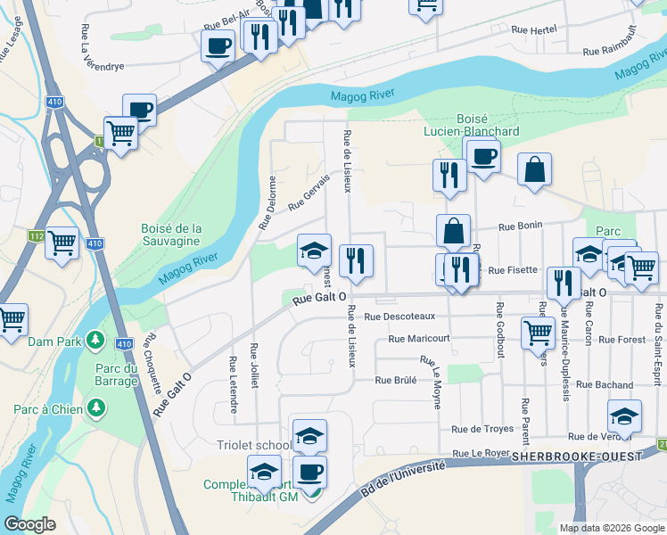 map of restaurants, bars, coffee shops, grocery stores, and more near 1120 Rue Genest in Sherbrooke