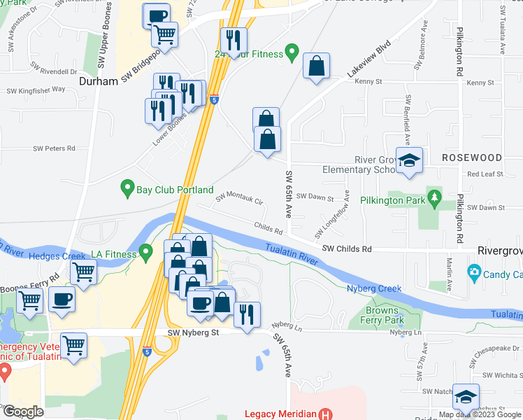 map of restaurants, bars, coffee shops, grocery stores, and more near 6836 Southwest Montauk Circle in Tualatin