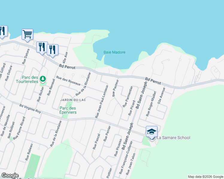 map of restaurants, bars, coffee shops, grocery stores, and more near 28 Rue Pasteur in Notre-Dame-de-l'Île-Perrot