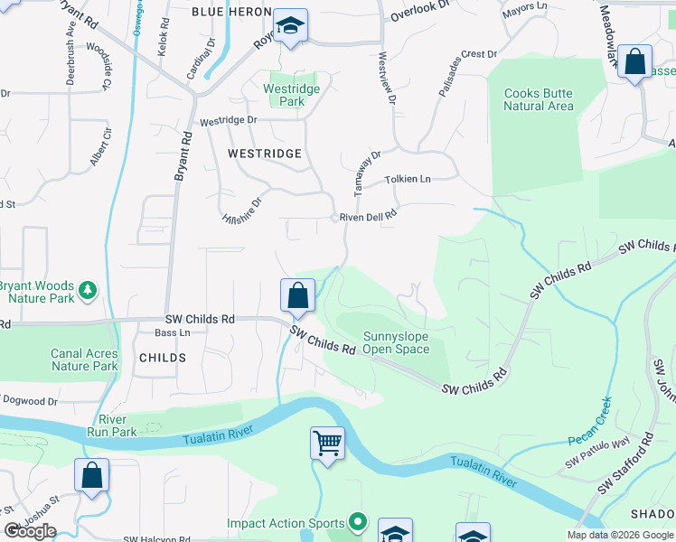 map of restaurants, bars, coffee shops, grocery stores, and more near 18847 Hilltop Road in Lake Oswego