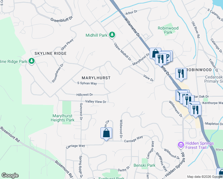 map of restaurants, bars, coffee shops, grocery stores, and more near 2320 Marylhurst Drive in West Linn