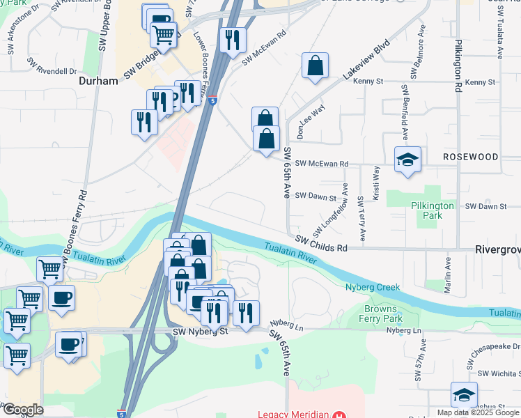 map of restaurants, bars, coffee shops, grocery stores, and more near 6840 Southwest Montauk Circle in Lake Oswego
