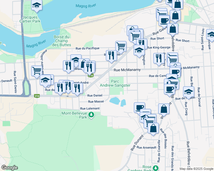 map of restaurants, bars, coffee shops, grocery stores, and more near 1215 Rue Kitchener in Sherbrooke