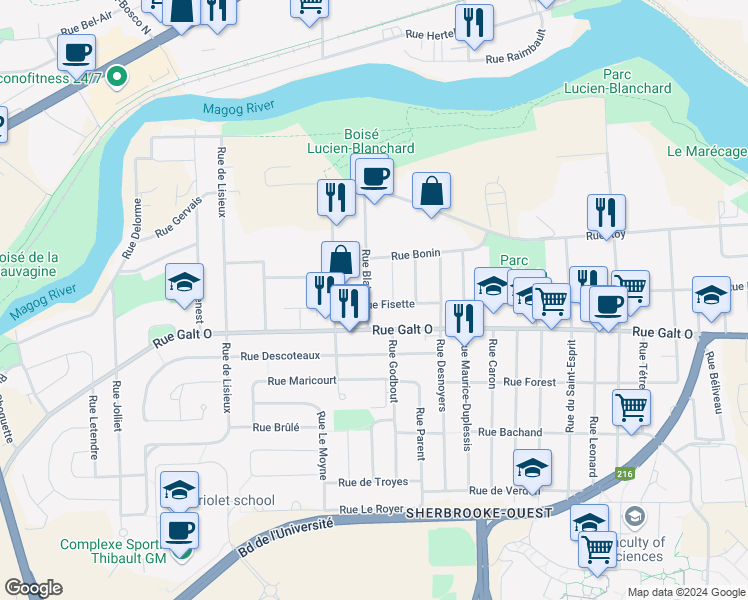 map of restaurants, bars, coffee shops, grocery stores, and more near 2609 Rue Fisette in Sherbrooke