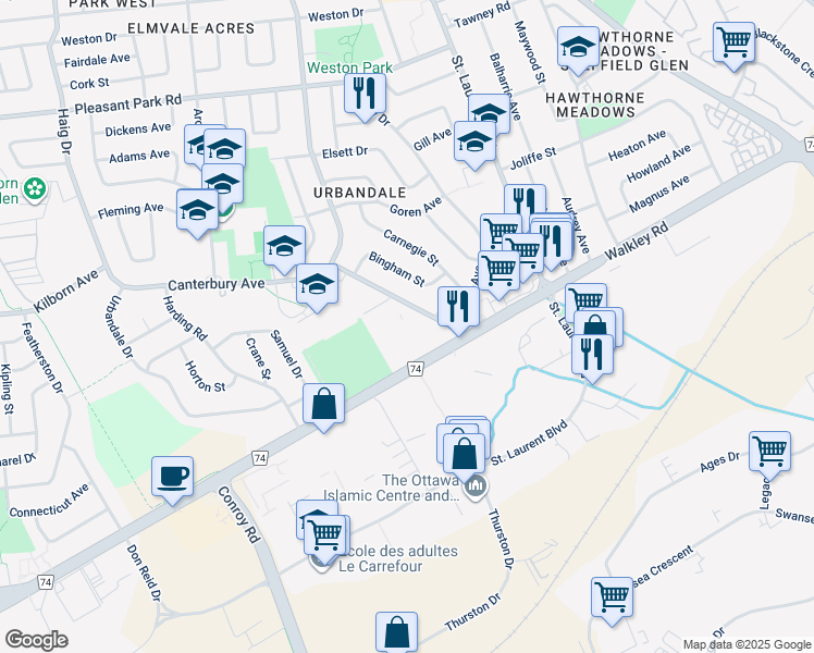 map of restaurants, bars, coffee shops, grocery stores, and more near 2240 Halifax Drive in Ottawa