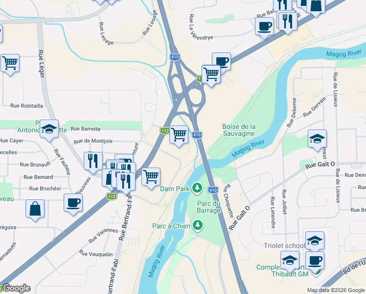 map of restaurants, bars, coffee shops, grocery stores, and more near 3950 Rue King Ouest in Sherbrooke
