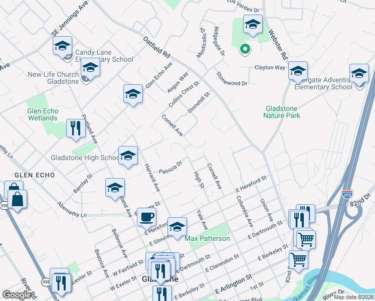 map of restaurants, bars, coffee shops, grocery stores, and more near 1325 High Street in Gladstone
