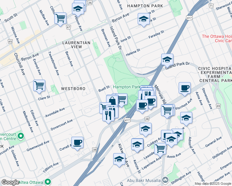 map of restaurants, bars, coffee shops, grocery stores, and more near 116 Buell Street in Ottawa
