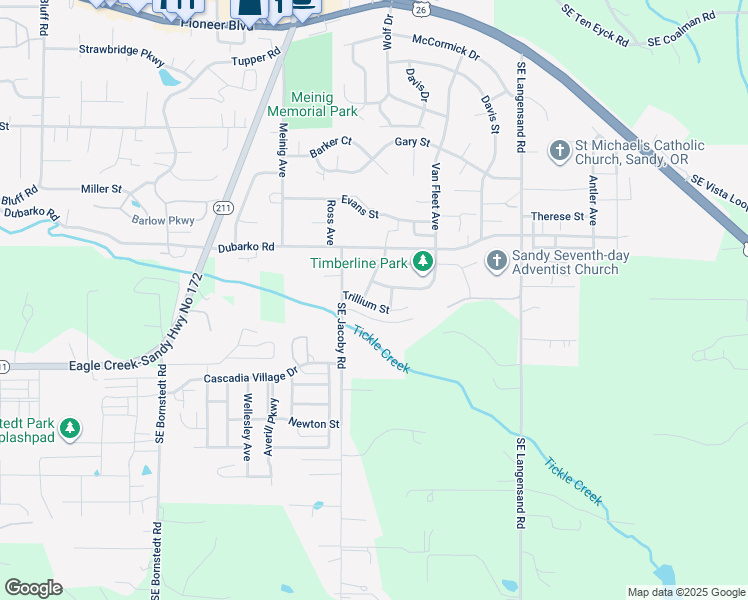 map of restaurants, bars, coffee shops, grocery stores, and more near 18742 Van Fleet Avenue in Sandy