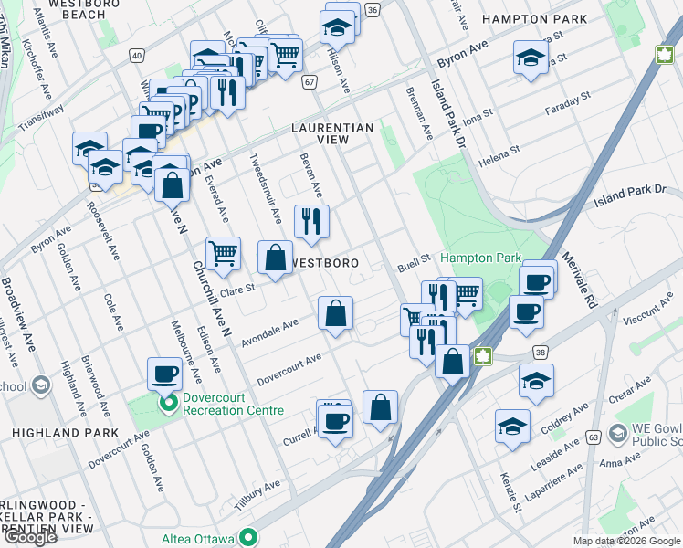 map of restaurants, bars, coffee shops, grocery stores, and more near 244 Westhaven Crescent in Ottawa