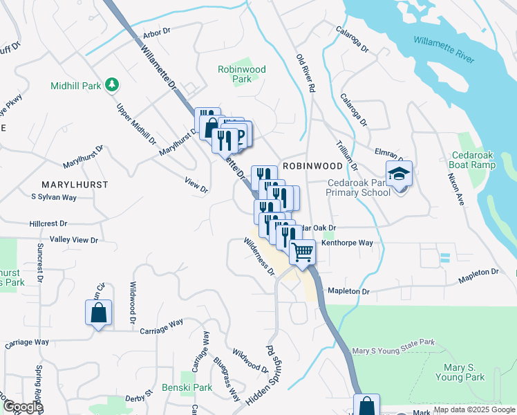 map of restaurants, bars, coffee shops, grocery stores, and more near 19060 Willamette Drive in West Linn