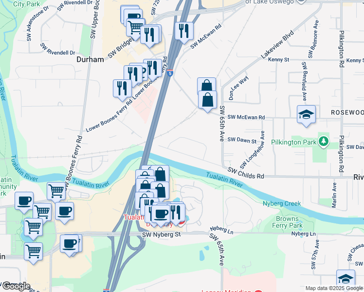 map of restaurants, bars, coffee shops, grocery stores, and more near 7130 Southwest Montauk Circle in Lake Oswego