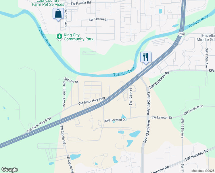 map of restaurants, bars, coffee shops, grocery stores, and more near 18315 Southwest Pacific Highway in Tualatin