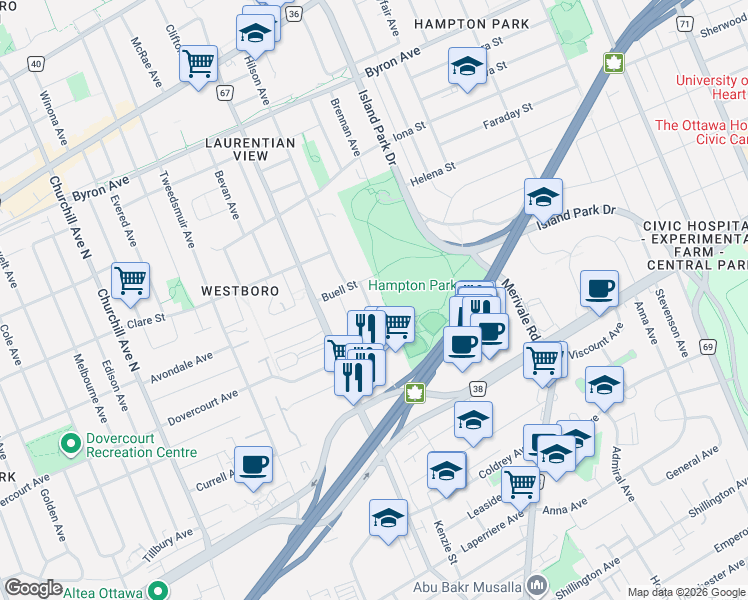 map of restaurants, bars, coffee shops, grocery stores, and more near 611 Parkview Road in Ottawa