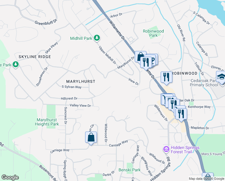 map of restaurants, bars, coffee shops, grocery stores, and more near 2545 Hillcrest Court in West Linn