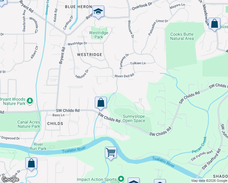 map of restaurants, bars, coffee shops, grocery stores, and more near 18847 Hilltop Road in Lake Oswego