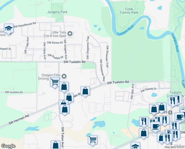 map of restaurants, bars, coffee shops, grocery stores, and more near 9778 Southwest Tualatin Road in Tualatin