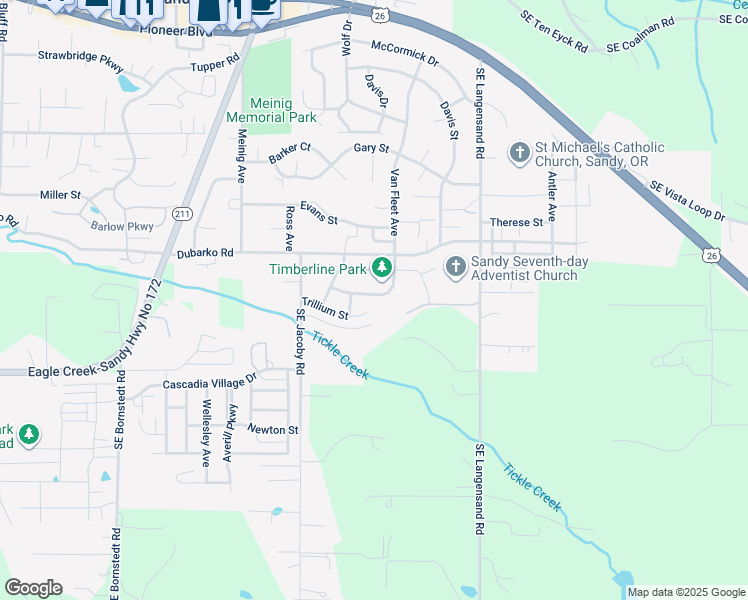 map of restaurants, bars, coffee shops, grocery stores, and more near 18631 Van Fleet Avenue in Sandy