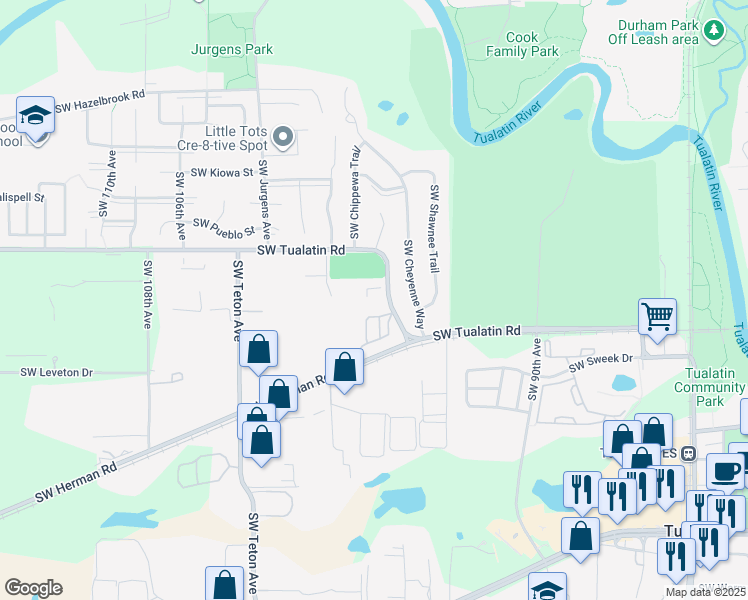 map of restaurants, bars, coffee shops, grocery stores, and more near 9778 Southwest Tualatin Road in Tualatin