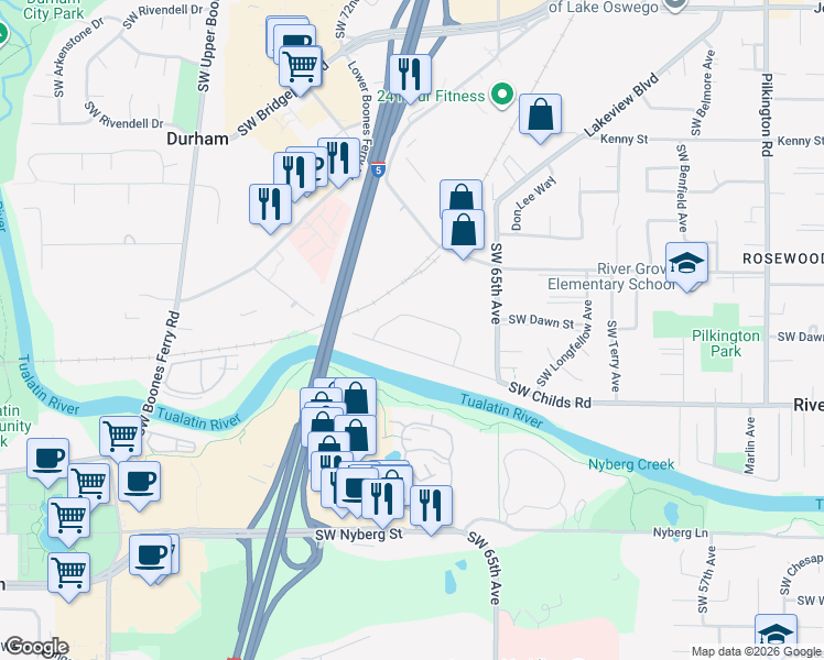 map of restaurants, bars, coffee shops, grocery stores, and more near 7060 Southwest Montauk Circle in Lake Oswego