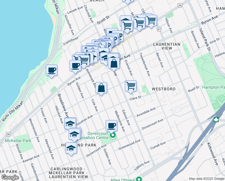 map of restaurants, bars, coffee shops, grocery stores, and more near 362 Kenwood Avenue in Ottawa