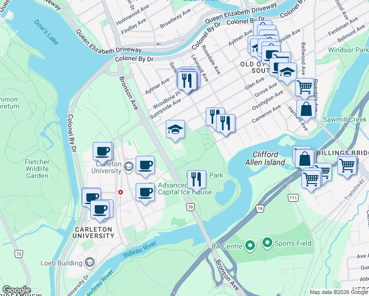 map of restaurants, bars, coffee shops, grocery stores, and more near Brewer Way in Ottawa