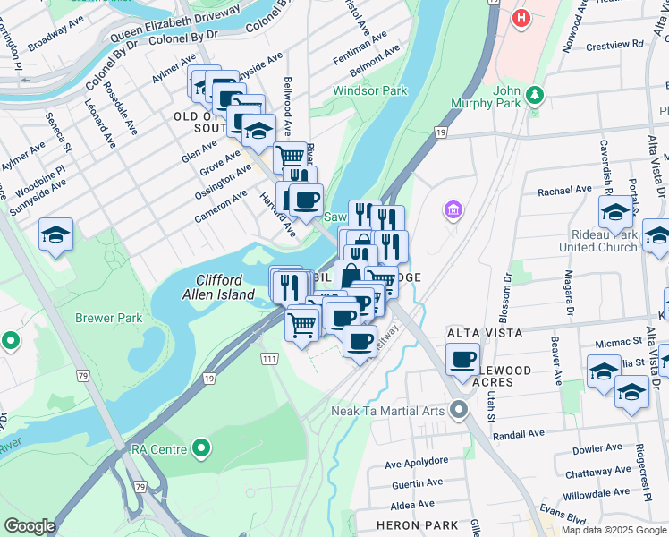 map of restaurants, bars, coffee shops, grocery stores, and more near 2211 Riverside Drive in Ottawa