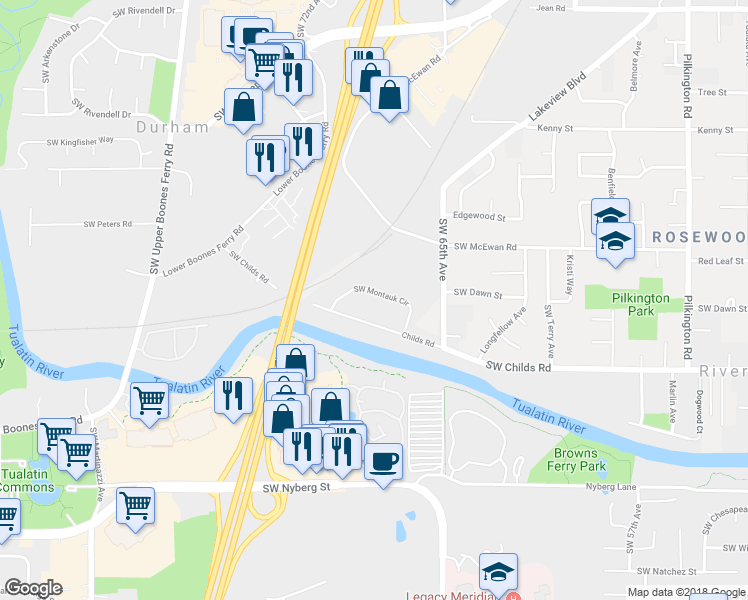 map of restaurants, bars, coffee shops, grocery stores, and more near 6989 Southwest Montauk Circle in Lake Oswego