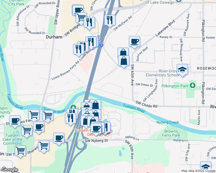 map of restaurants, bars, coffee shops, grocery stores, and more near 7130 Southwest Montauk Circle in Lake Oswego